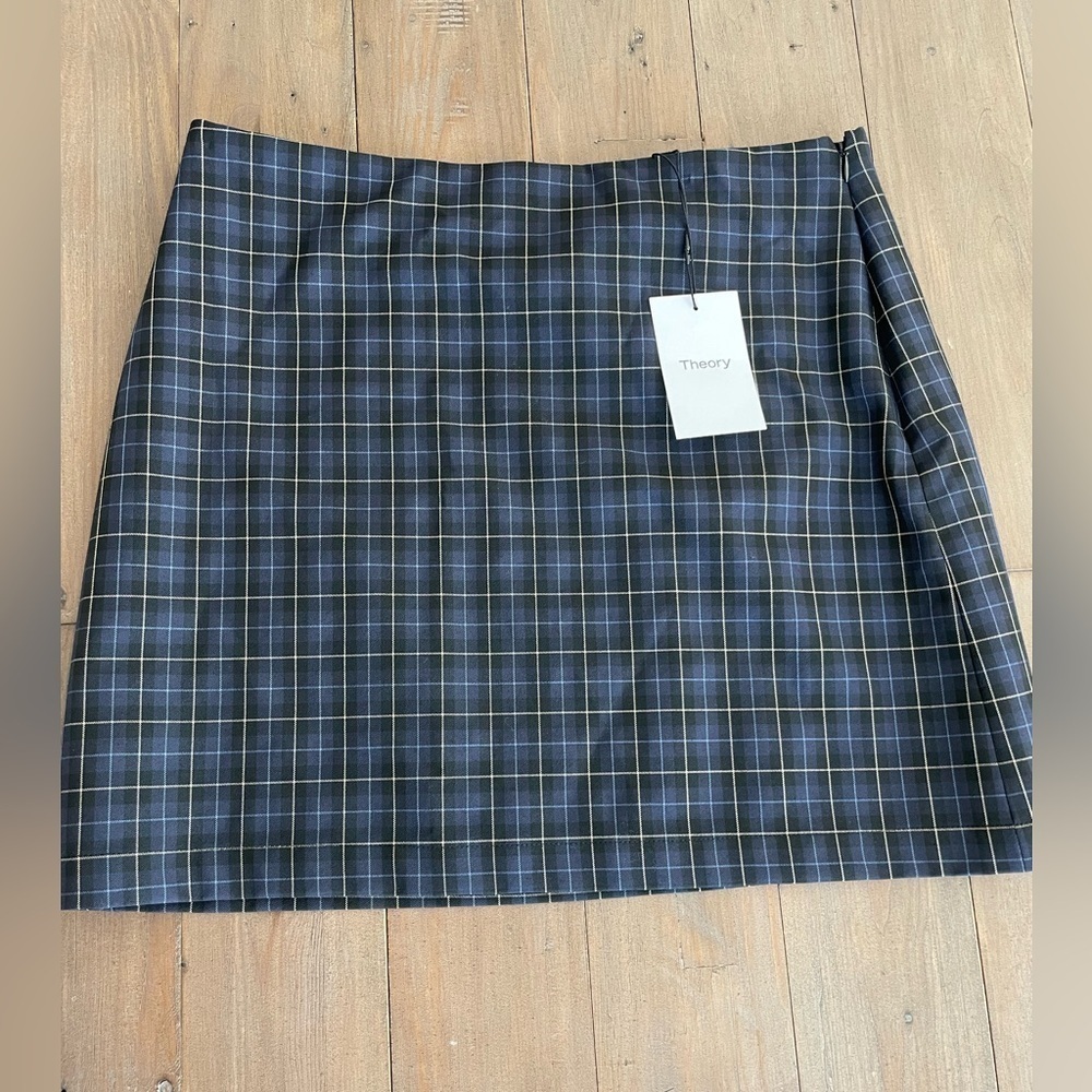 Theory Galway A-Line Mini Skirt blue black plaid NWT - Picture 3 of 10